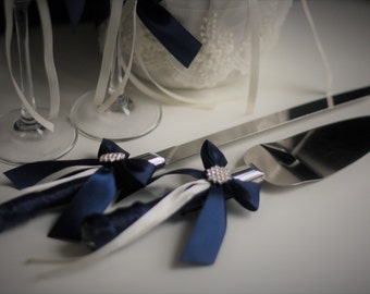 Navy Cake Server Set / Navy blue Wedding Cake Cutting Set / Blue Cake Serving set / Wedding cake knife and Server \ Navy Wedding knife set