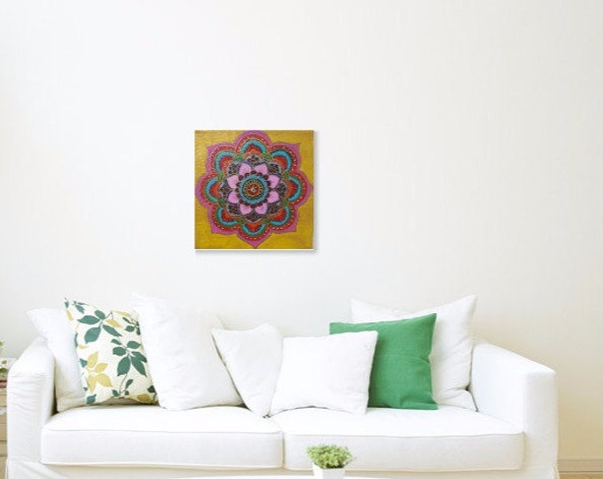 Limited Edition - Prosperity Golden Mandala art, 8x8 inch,Colorful, Reiki energized, Hand painted, Wall decor,gift.
