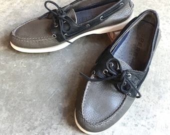 Black Gray Two Tone Leather SPERRY Top Sider Boat Shoes / Slip On Loafers Unworn Men's 10 M Two Eye