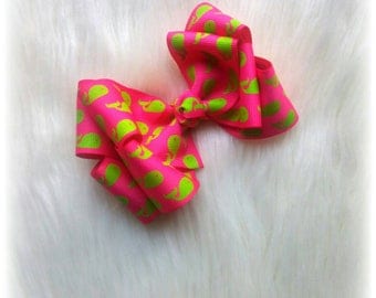 Hot Pink Double Boutique Hair Bow with Neon Green Whales