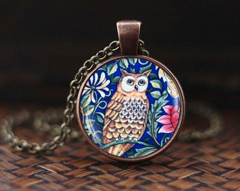 Blue Owl necklace, William Morris illustration jewelry, Victorian art necklace, Owl pendant, Blue owl pendant