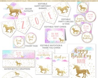 Unicorn Party Printables Package, Pastel Pink and Gold Unicorn Party Decorations, Unicorn Birthday Party Decor, Editable INSTANT DOWNLOAD
