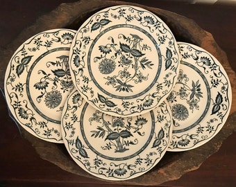 Vintage Cavalier Ironstone 10 Inch Blue & White Dinner Plates with Blue Onion Floral Pattern Set of 4 | Made by Royal China