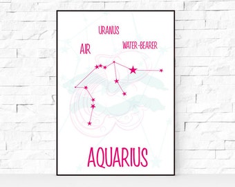 AQUARIUS art, Zodiac constellation print, Aquarius constellation art, Watercolor zodiac aquarius print, Pink wall print, Zodiac star sign