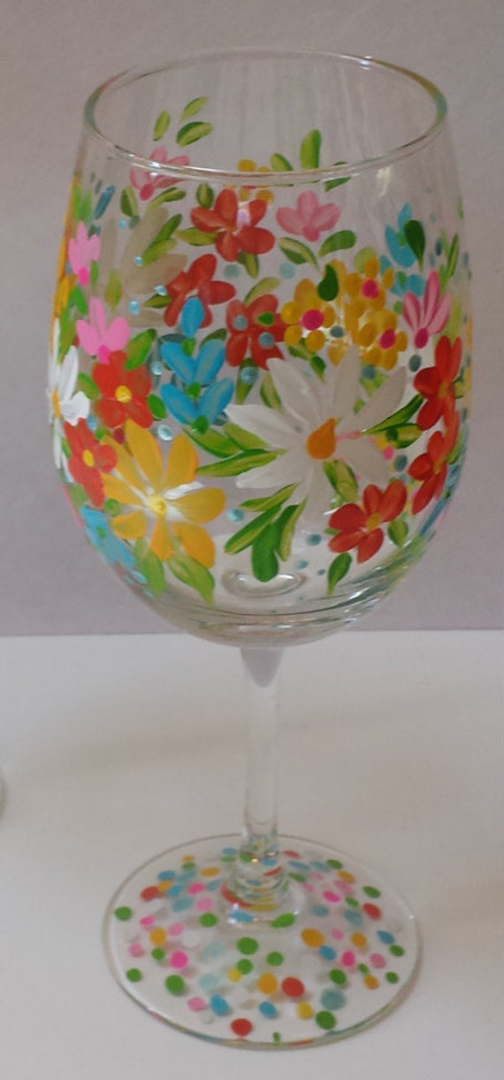 Floral Hand Painted Wine Glasses. Colorful Wine Glasses.