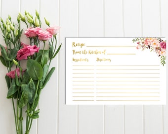 Gold Boho Recipe Card, Printable Floral Recipe Card, Floral Boho Recipe Card, Gold Floral Recipe Card, Bridal Shower, Instant Download 109-G