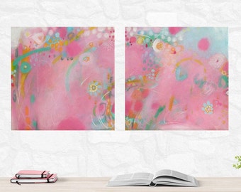 Set of Two Pink and Mint Abstract Paintings Pink and Mint Girls Room Decor Pink Nursery Decor Original Small Pink Abstract Set of Paintings