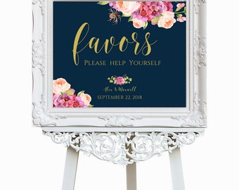 Navy And Gold Wedding Favors Sign With Blush Peonies Make This Calligraphy Gold Wedding Sign Ideal For A Boho Wedding. SKU# IDWS502_1213C