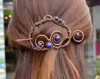 Lapis Lazuli and Amethyst Hair Barrette, Hair Slide Copper, Hair pin, Brooch, Brooch Pin, Hair Accessories, French Barrette, Amethyst Brooch