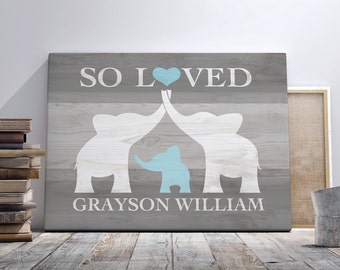 Elephant Nursery Art, Canvas Wall Art, Elephant Baby Shower Gift, Nursery Name Sign, Kid Room Decor Personalized Nursery Animal CANVAS Print