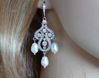 Handmade Vintage Inspired Crystal Rhinestone & Pearl Chandelier Bridal Earrings, Bridal, Wedding (Pearl-106)