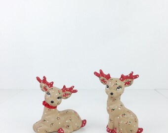 Vintage Christmas Calico Ceramic Deer Figurines