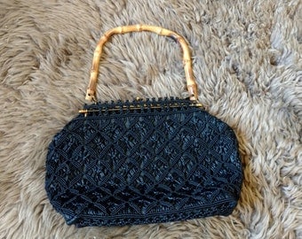 Vintage Black Wooden Handled Handbag