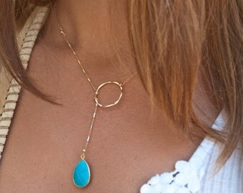 Turquoise Lariat Necklace * Gold * Sterling Silver * Mix Metals * Gemstone * Jewelry * Natural * Statement * Bycila * Boho * Bridesmaid Gift