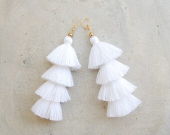 Pure White Four Layered Tassel Earrings