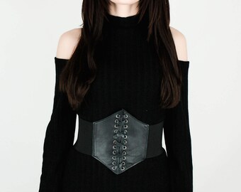 CORSET BELT - Genuine black leather - body harness for women - Waist belt - Lace-up belt - Minimal style - BDSM - Nu goth - Fetish fashion