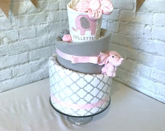 Pink elephant diaper cake Elephant baby shower Pink and gray baby shower decor Pink and gray baby shower centerpiece Personalized baby gift