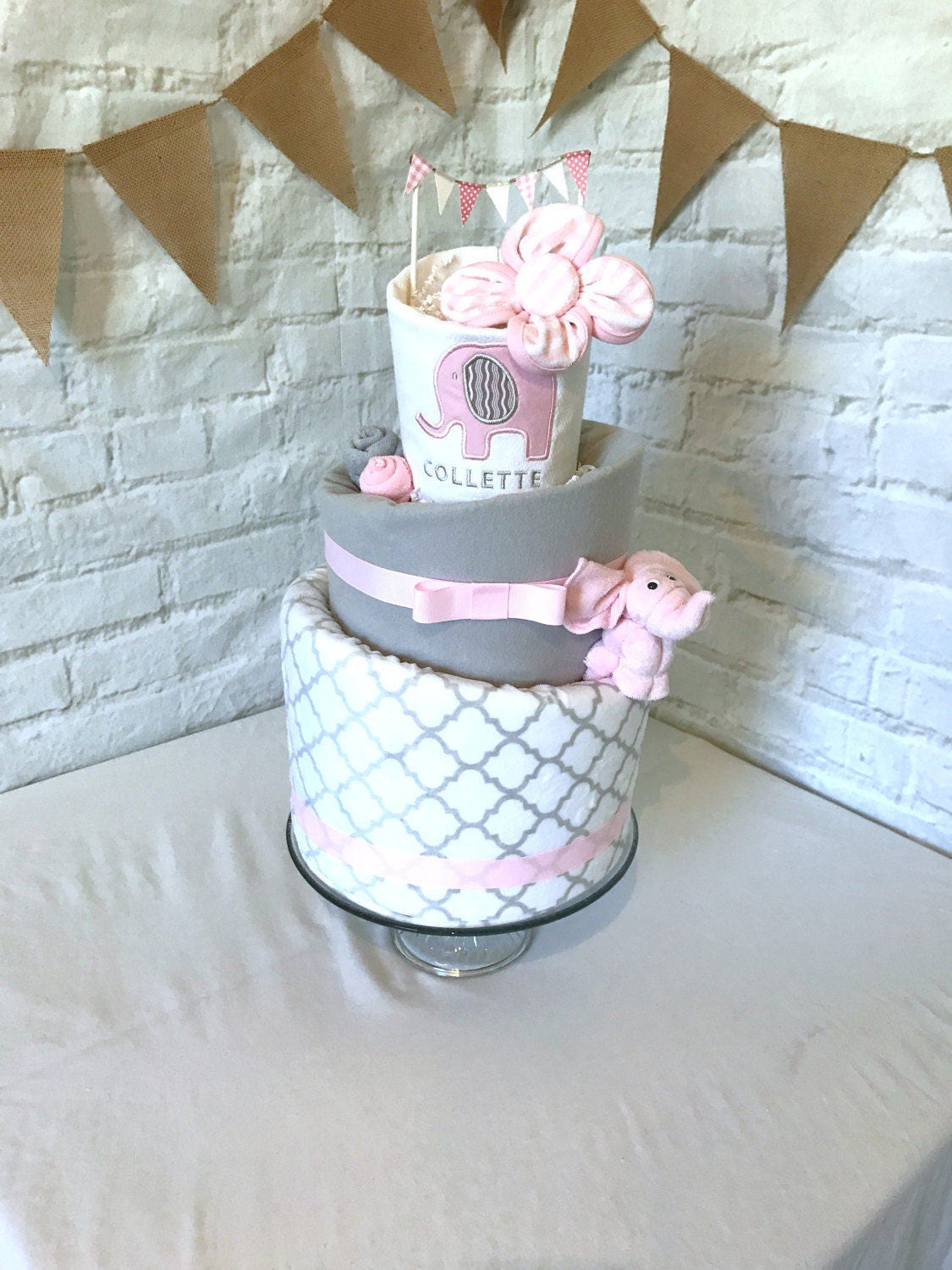 Pink elephant diaper cake Elephant baby shower Pink and gray baby shower decor Pink and gray baby shower centerpiece Personalized baby gift