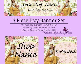 Pinup Girl, 3 piece Etsy Shop Banner Set, 3 Piece Premade Set
