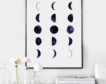 Phases of the Moon Print, Moon Phases Wall Art, Watercolor Moon Phase Print, Galaxy Art Print, Moon Poster, La Luna Minimalist Art Space Art