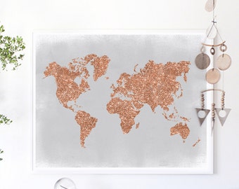 Copper Wall Art, Rose Gold World Map Poster Grey and Copper Home Decor Rose Gold Foil Print Glitter Map, Glitter Nursery Print, Office Decor