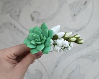 Green Succulent hair pin Gypsophila White freesia hair pin White Bridal flowers Wedding hair accessories Gift for her Bridesmaid hair pin
