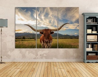 3 Panel Texas Longhorn Steer Leather Print/Extra Large Wall Art/Wild Animals Print/Multi Pieces Wall Art/Better than Canvas!