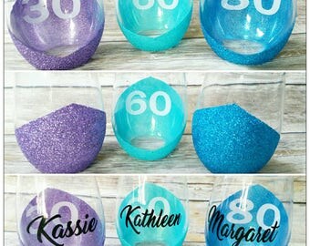 Birthday wine glasses, hidden milestone, glittered glasses, personalized names, wine glasses, hidden image, Custom made, Tear Drop Glasses