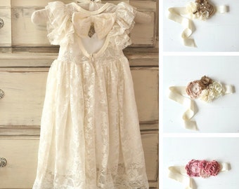 Ivory Flower Girl Dress Girls Lace Country Rustic Ivory Flower Girl Dress Girls Lace Country Rustic