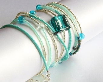 Beaded cuff wrap bracelet - Silver and Turquoise