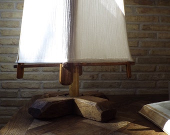 Antique olive wood table lamp with shade in white cotton