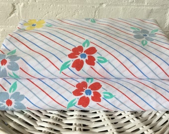 Pair of Nile single flat sheets Vintage floral fabric Caravan bedding Vintage striped fabric Vintage bedding