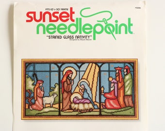 Sunset Needlepoint 1978 "Stained Glass Nativity" Colorful Design by Wayne Maurer - Fits 10" x 20" frame