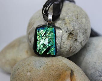 Blue green fused glass pendant with necklace