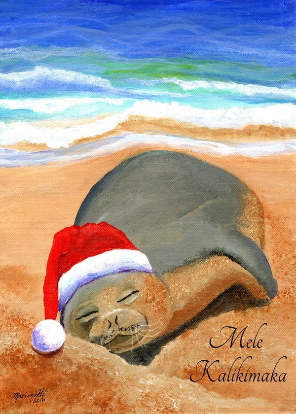 Mele Kalikimaka Hawaiian Monk Seal Printable DIY Christmas card 5x7 pdf from Kauai Hawaii beach ...