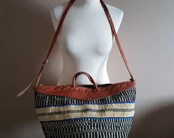 Extra Large Woven Fiber and Tooled Leather Sisal Tote Bag