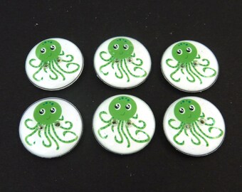 6 Octopus Buttons. Handmade buttons. 3/4" or 20 mm Ocean Themed Sewing Buttons.