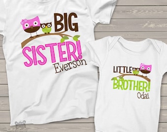 big sister, little brother shirt - adorable funky owl combination can be made for any sibling set too - MOWL1-002