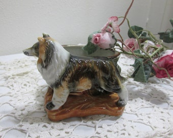 Collie Dog Planter Ceramic Pencil Holder Desk Accessory