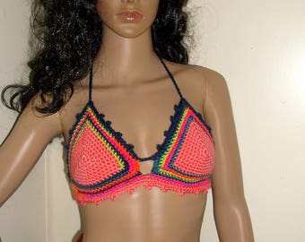 Hand Crochet Cropped Top, Festival top, Cropped Halter Top, Spiral Design, Summer Halter Top, Club Wear, hippie festival top, Multi Colors