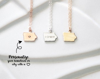 Small Gold Iowa State Necklace, Iowa Necklace, Small Charm Iowa State Bracelet, Stamped Iowa Heart Necklace Silver Iowa Jewelry, Bracelet