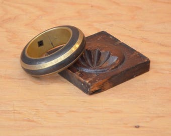 Vintage 70's Wooden Brass India Engraved Wide Bangle Bracelet