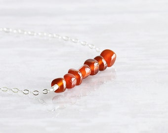 Carnelian Necklace, Small Stone Necklace, Bead Bar Necklace on Sterling Silver Chain, Rust Red Necklace, Dainty Jewelry, Gemstone Jewelry
