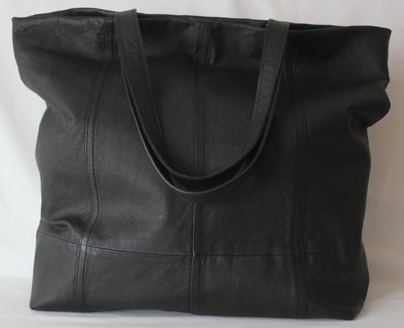 Black extra large leather tote bag/Red Lined leather tote