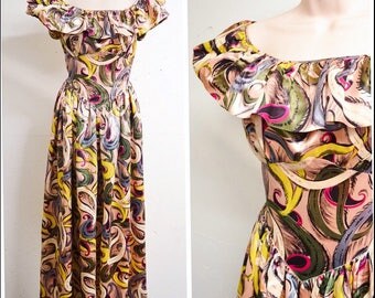 1940s cc41 Abstract swirl print satin full length evening dress / Double Elevens yellow pink purple quest ruffle sleeve long gown - XS S