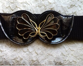Vintage Retro Elastic Belt Black enamel Butterfly style Gold metal Wide Kitsch Accessory Hipster Gift