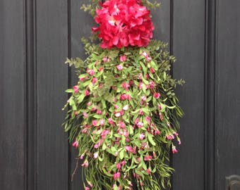 SALE-was 75.00-Spring Wreath-Summer Wreath-Teardrop Vertical Door Swag Decor-Pink Hydrangea-Pink Floral Swag-Lime-Wispy-Indoor/Outdoor