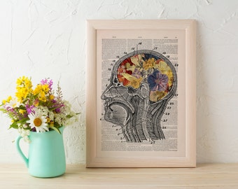 Summer Sale Print Flowery Brain collage Printed on Dictionary Book page. Wall decor art, Anatomy decor, Flower print art SKA053