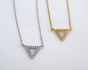 Dainty CZ open triangle necklace, cubic zirconia triangle, upside down triangle necklace, layering necklace, gold triangle, silver triangle
