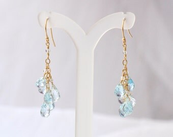 14K Gold. Sky Blue Topaz earrings, December Birthstone Earrings, Bleu Topaz Chandelier Earrings, Blue Stone Earrings, Gift For Her